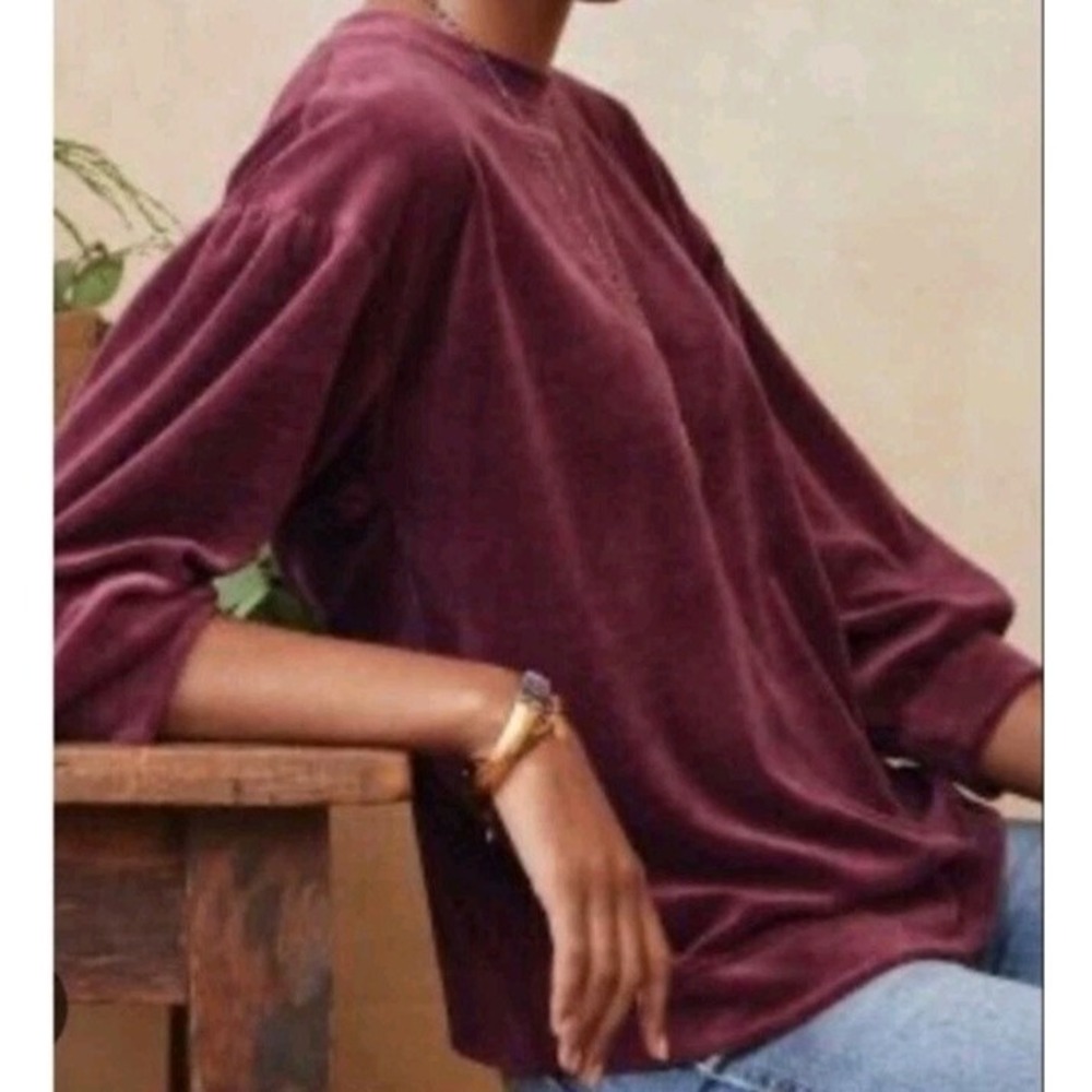 Garnet Hill Top Womens L Burgundy Moonrise Velour Crew Pullover Boxy 3/4 Sleeve